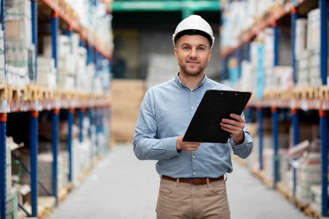 a man in a hard hat holding a clipboard